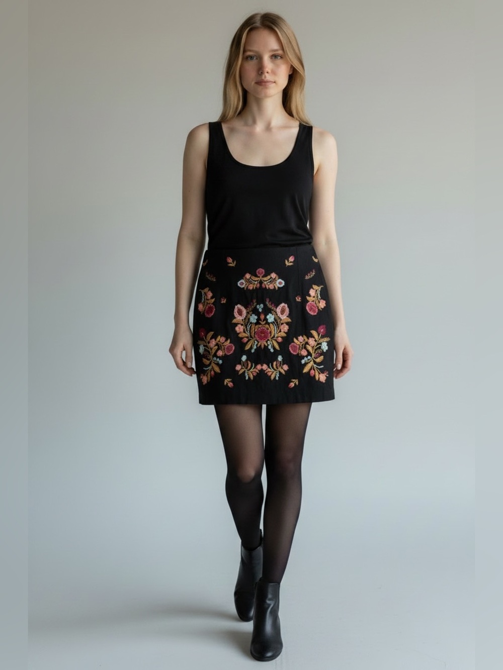 Black Embroidered Floral Mini Skirt - Vibrant Multicolor